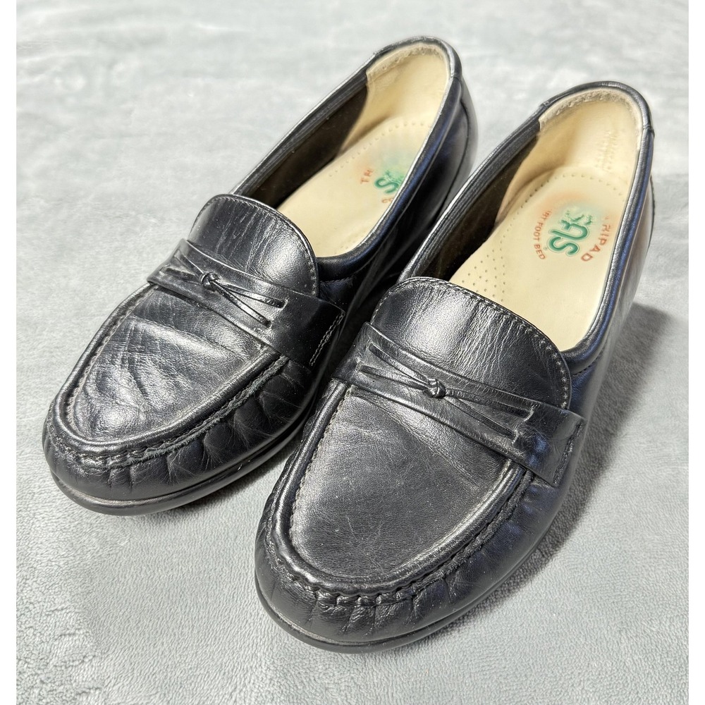 SAS Shoes Womens Size 5.5 Black Leather Tripad Comfort Loafer Wedge Slip On